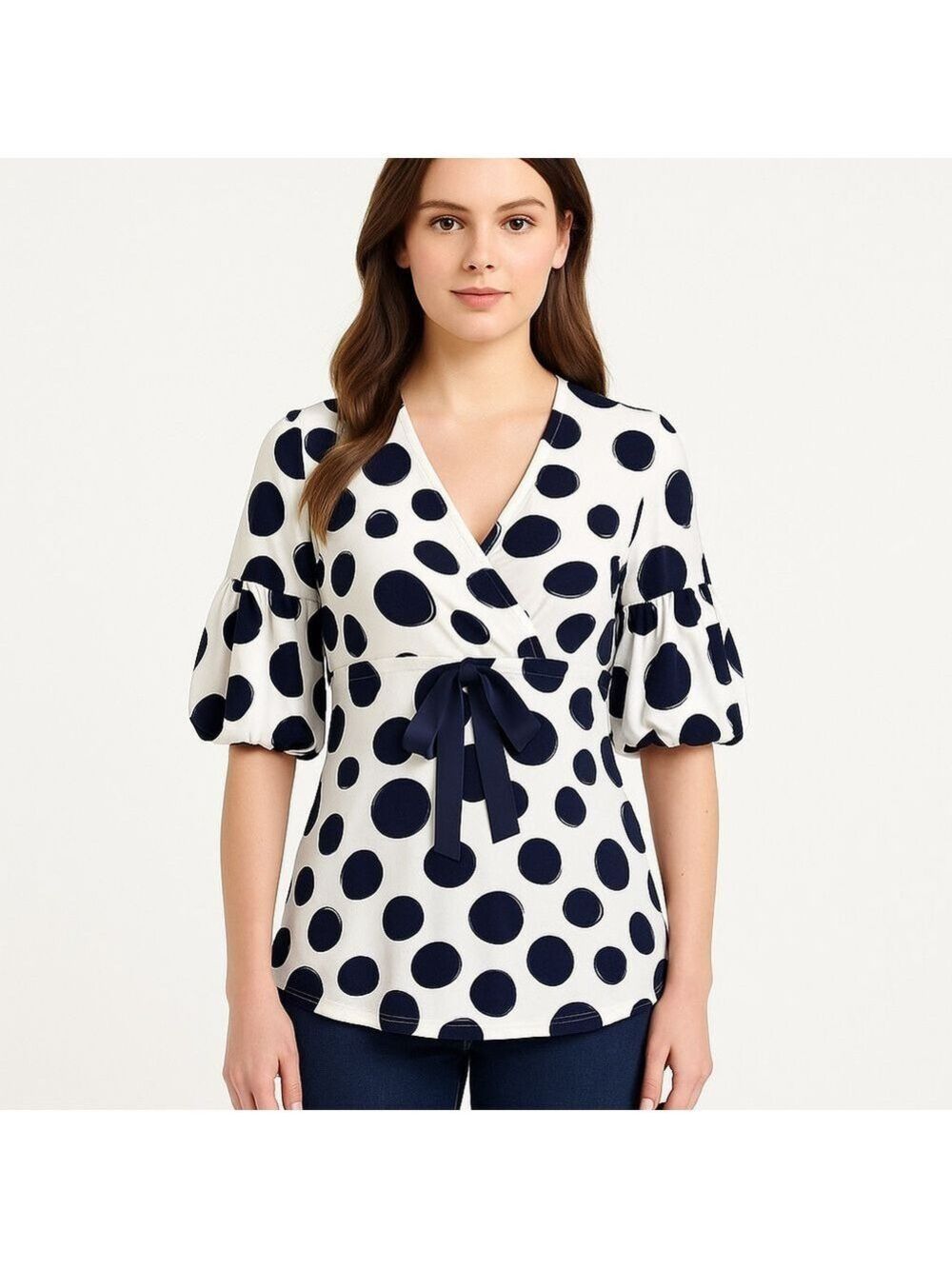 Sem Per Lei jersey top ecru white navy blue V wrap neck balloon sleeve 40 medium